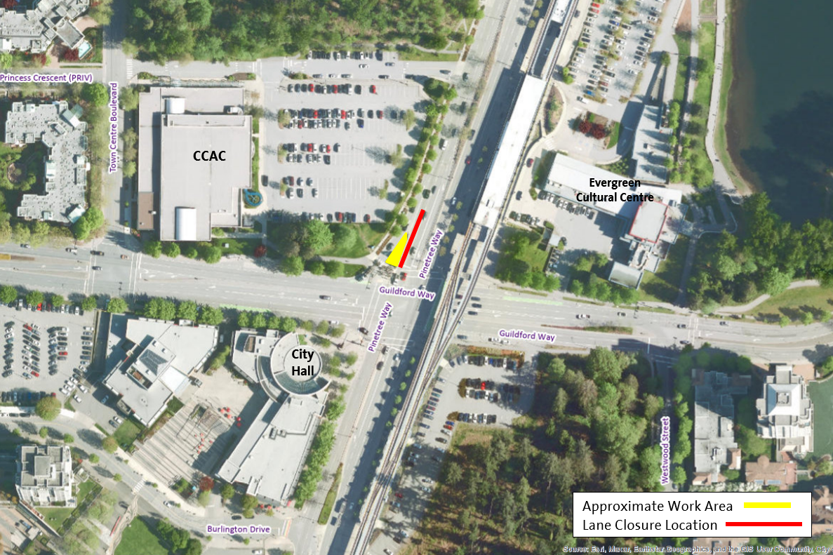 Location Map for Approximate Work Area at the Intersection of Pinetree Way and Guildford Way