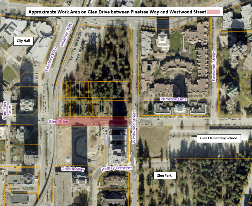 Location Map for Approximate Work Area on Glen Drive between Pinetree Way and Westwood Street