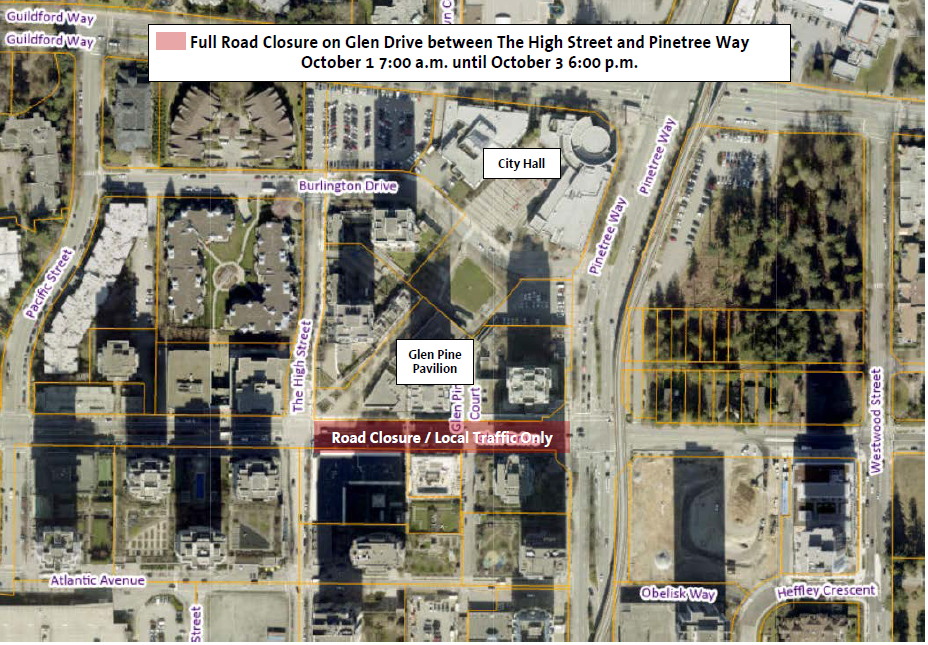 Location Map of Road Closure on Glen Drive between The High Street and Pinetree Way