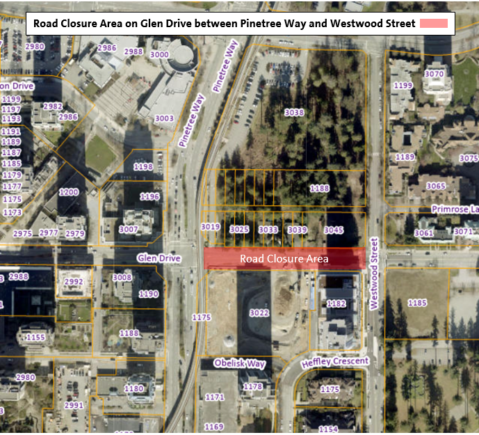 Location Map for Road Closure Area on Glen Drive between Pinetree Way and Westwood Street