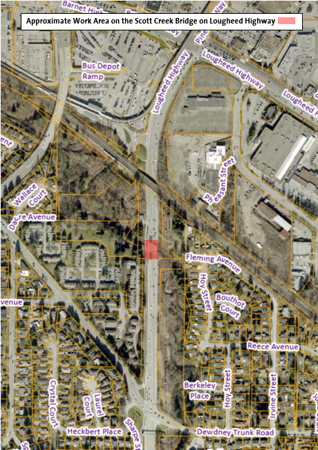 Location Map - Approximate Work Area on Scott Creek Bridge on Lougheed Highway