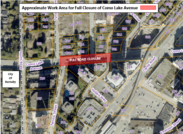Location Map for Full Road Closure on Como Lake Avenue