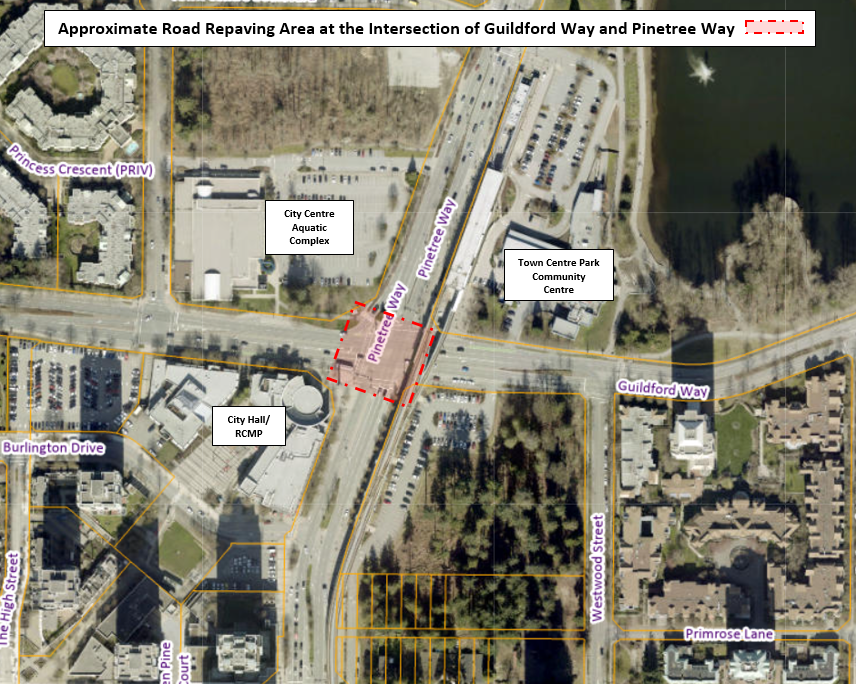 Location Map - Approximate Road Repaving at Intersection of Guildford Way and Pinetree Way