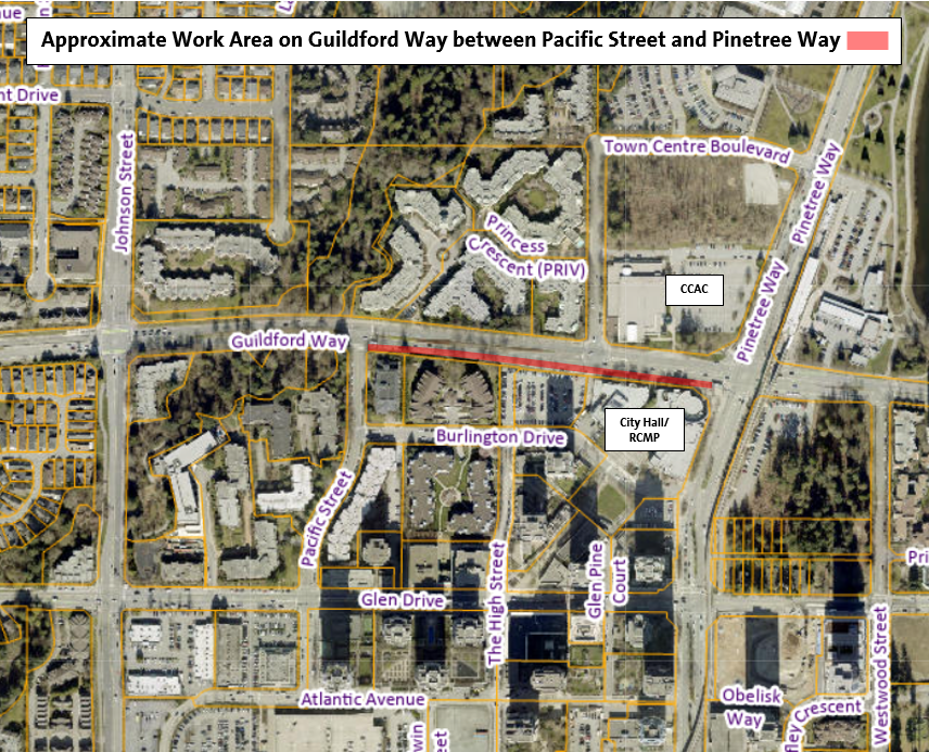 Location Map - Approximate Work Area - Guildford Way between Pacific Street and Pinetree Way