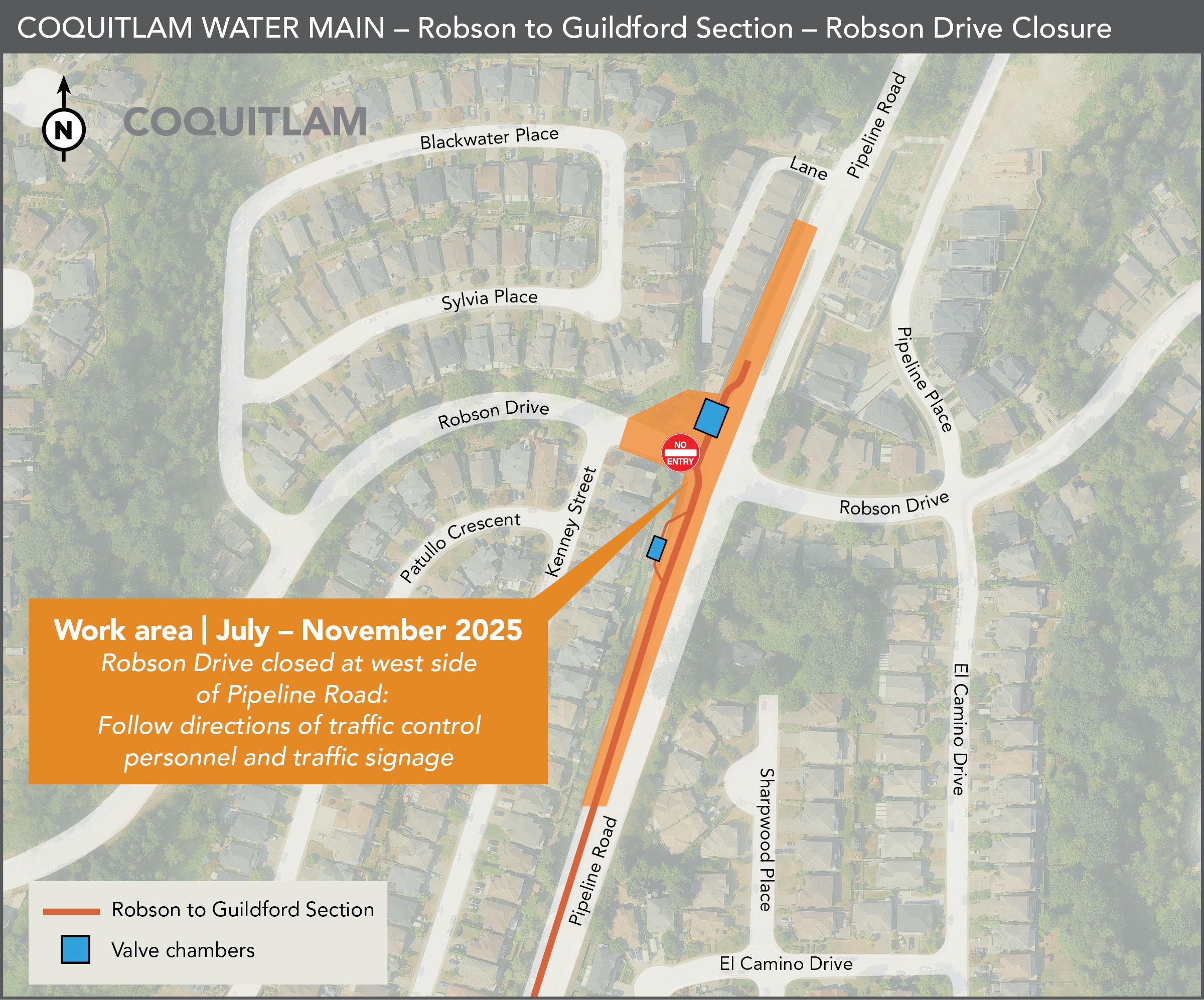 Map - Robson Dr Closure - Coquitlam Water Main - Robson to Guildford Section - Jul 2025