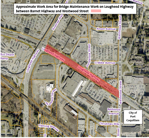 Location Map - Approximate Bridge Maintenance Work on Lougheed Highway between Barnet Hwy and Westwo