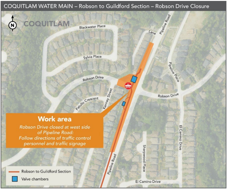 Location Map of Road Closure - Robson Drive west side of Pipeline Road to east of Kenney Street