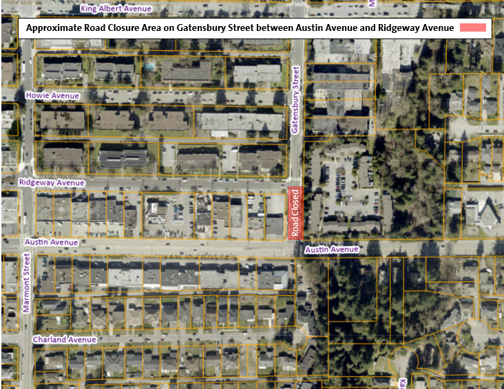 Location Map - Approximate Road Closure Area on Gatensbury Street between Austin Avenue and Ridgeway