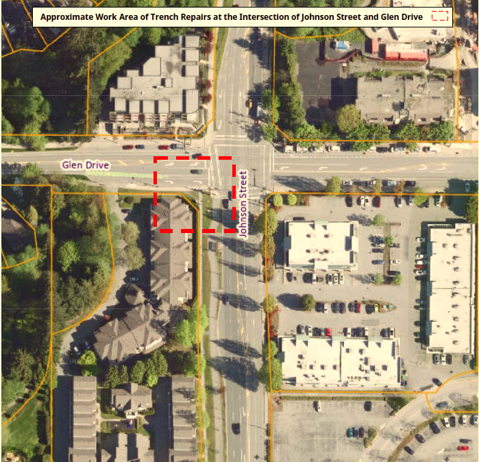 Location Map for Work Area for Trench Repairs at Glen Drive and Johnson Street Intersection