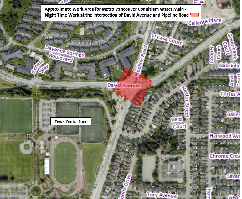 Approximate Work Area for Metro Vancouver Coquitlam Watermain - Night Work at the Intersection of Da