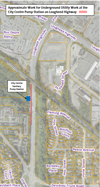 Approximate Work Area for Underground Utility Work at the City Centre Sanitary Pump Station on Lough