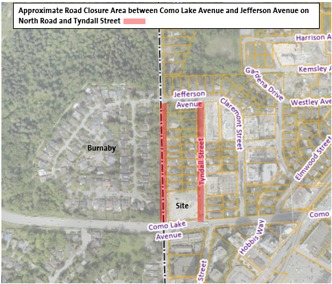 Approximate Road Closure Area on North Road and Tyndall Street between Como Lake Avenue and Jefferso