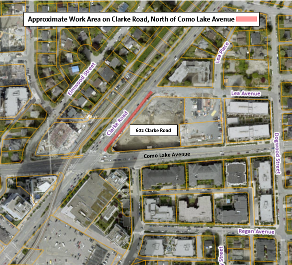 Approximate Work Area on Clarke Road, north of Como Lake Avenue
