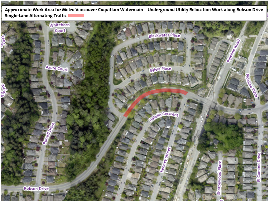 Approximate Work Area for Metro Vancouver Coquitlam Watermain - Underground Utility Relocation Work 