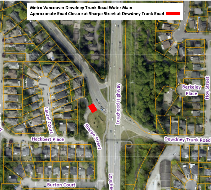Approximate Road Closure Area at Sharpe Street at Dewdney Trunk Road