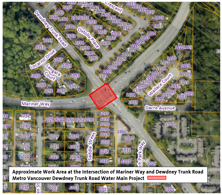 Approximate Work Area at Mariner Way and Dewdney Trunk Road Intersection