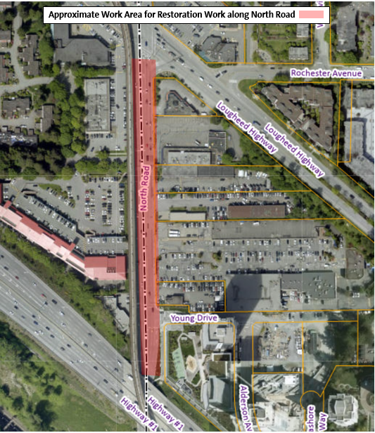 Approximate Work Area for Restoration Work along North Road