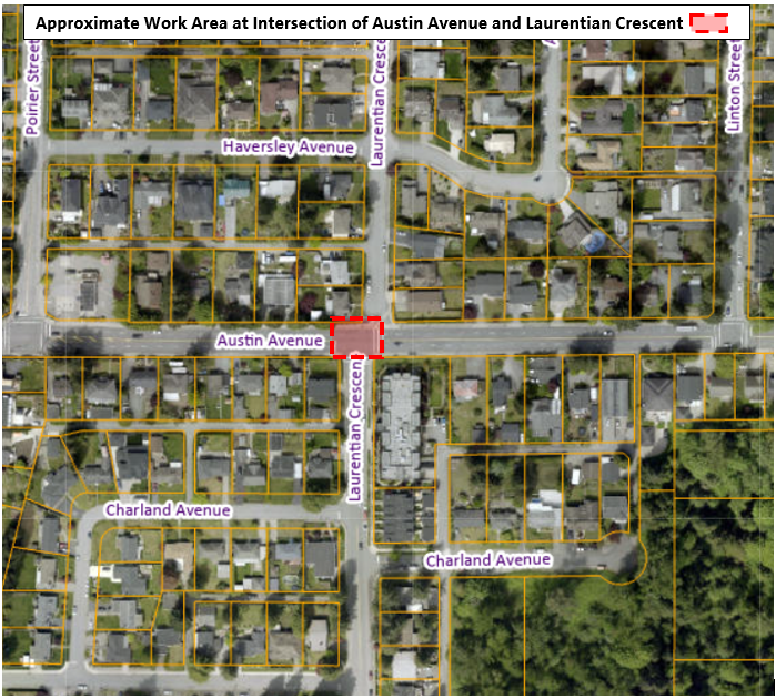 Approximate Work Area at the Intersection of Austin Avenue and Laurentian Crescent