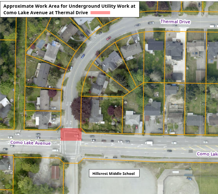 Approximate Work Area for Underground Utility Work at Como Lake Avenue at Thermal Drive