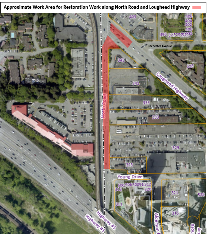 Approximate Work Area for Restoration Work along North Road and Lougheed Highway