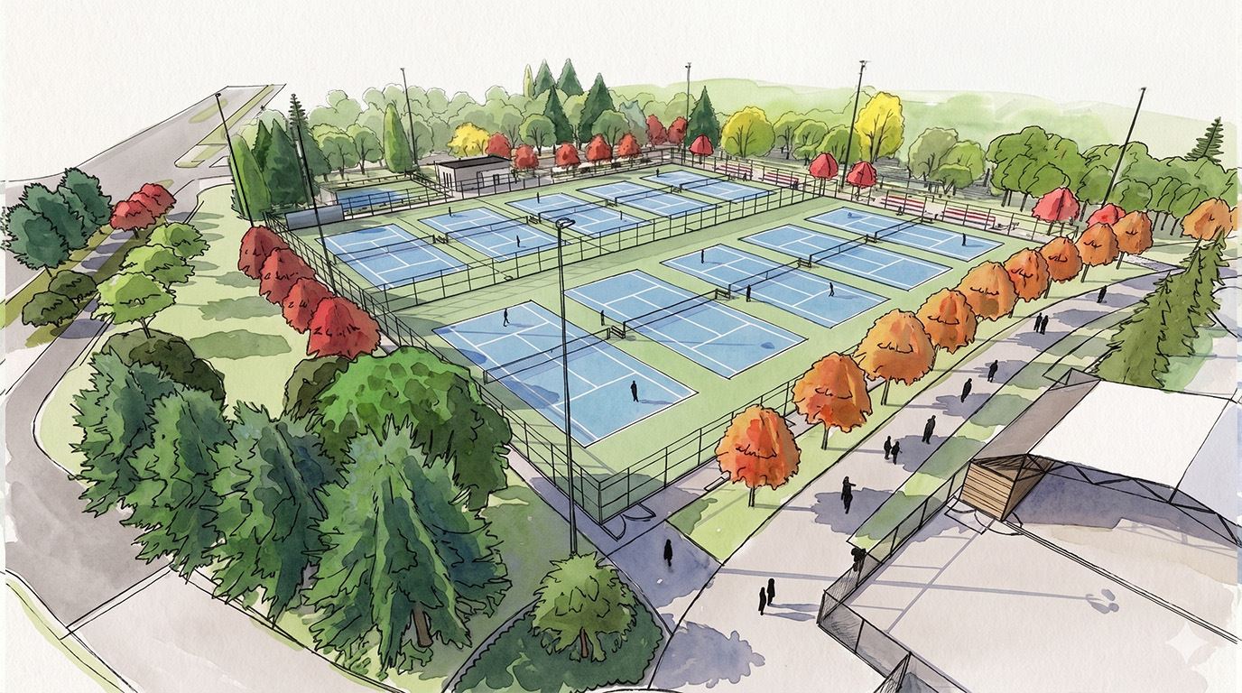 Artist rendering looking southwest over the courts with walking paths and trees around the site