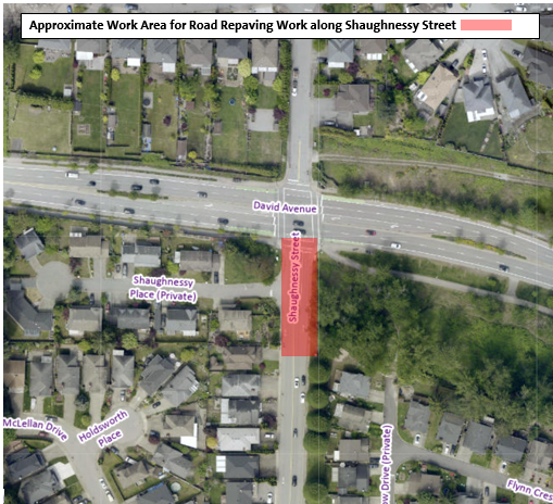 Approximate Road Repaving Work Area along Shaunghnessy Street