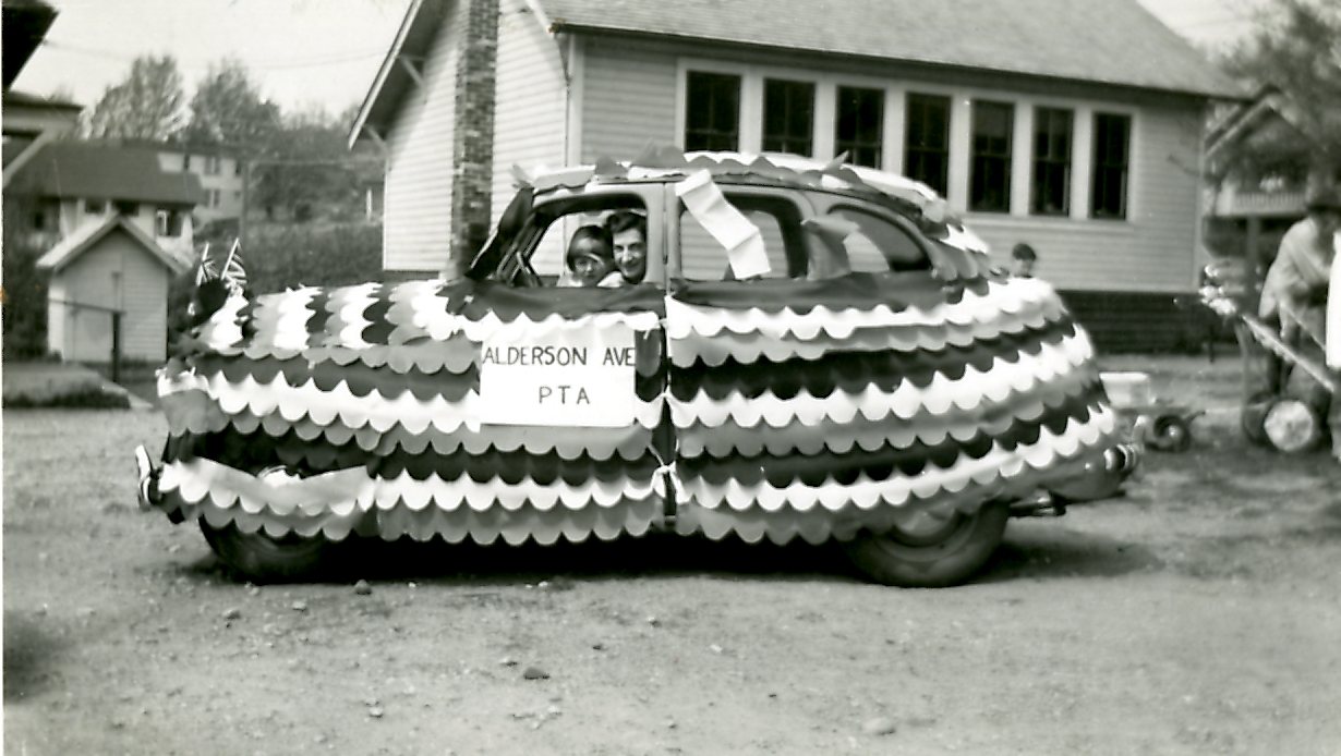Mrs. Petersen's Car Decorated by the PTA in the May Day Parade, 1954 (JPG) Opens in new window