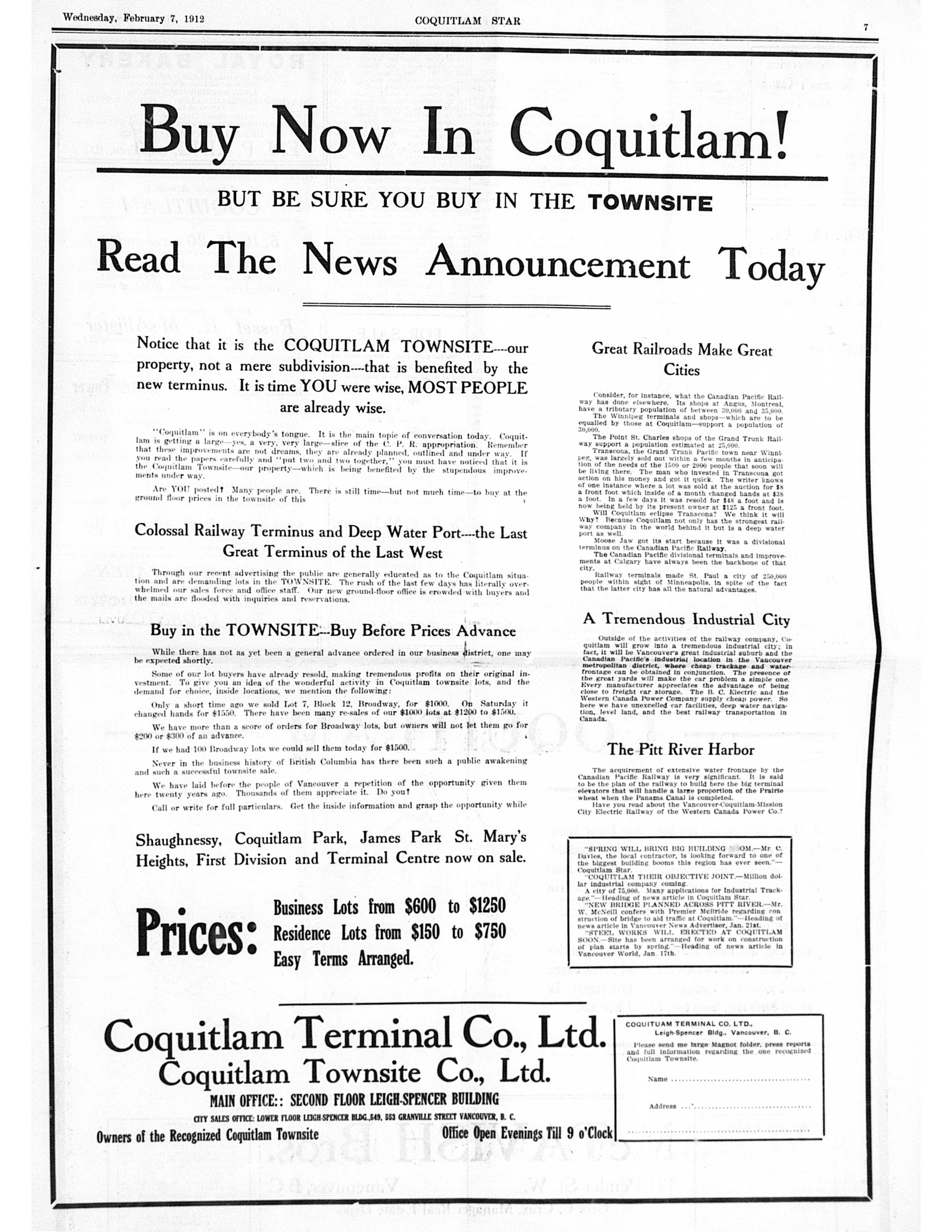 Advertisement, Coquitlam Star, 1913 (JPG) Opens in new window