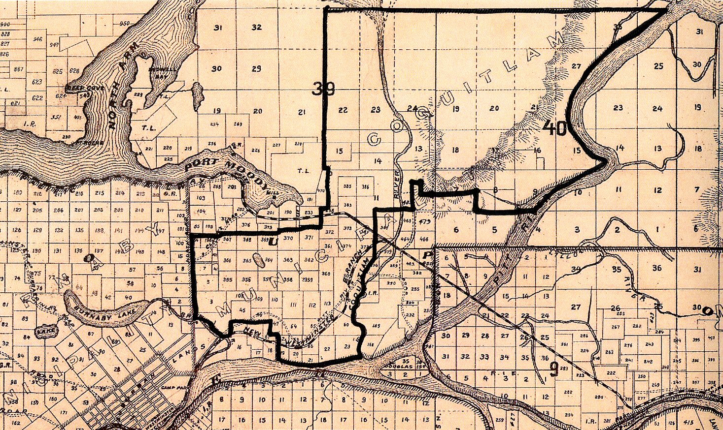 Coquitlam's 1913 Boundaries Drawn on a Map of New Westminster District from 1892 (JPG) Opens in new window