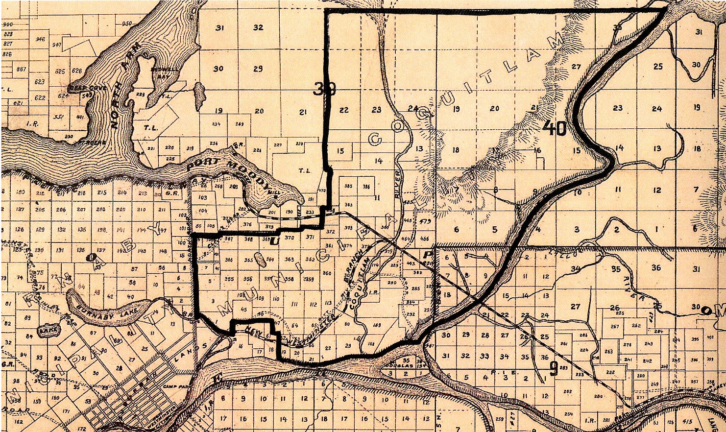 Coquitlam's 1894 Boundaries Drawn on a Map of New Westminster District from 1892 (JPG) Opens in new window